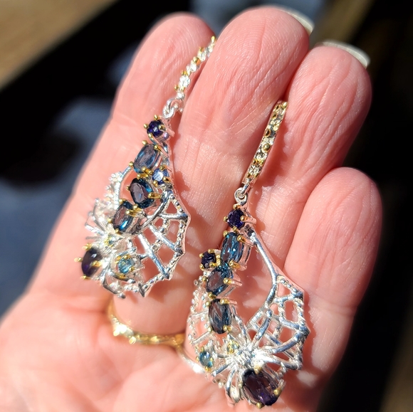 Sapphire Lolite & Topaz  Spider 🕷 on web🕸 Sterling & gold dramatic earrings - Picture 7 of 9